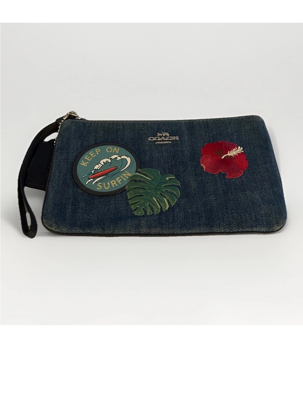 Coach Large Wristlet, Blue Denim, Hawaii Embroidered Patches, Ltd. Edition NWOT